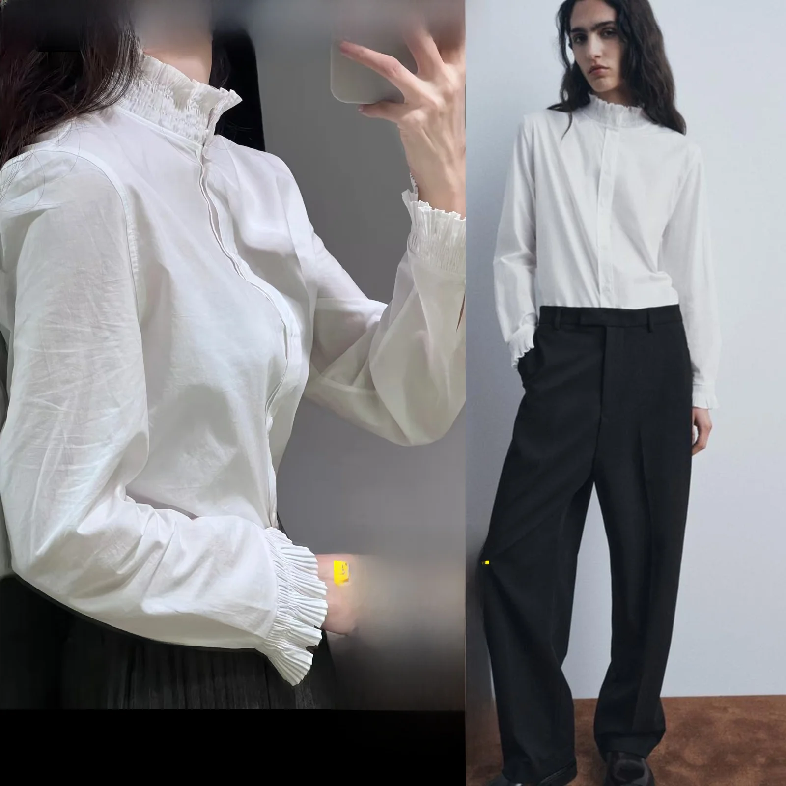 Losvallende lange mouwen, puur katoen, dames irt, modieus basislaag, decoratief ontwerp, herfst-winter katoenmix blouse