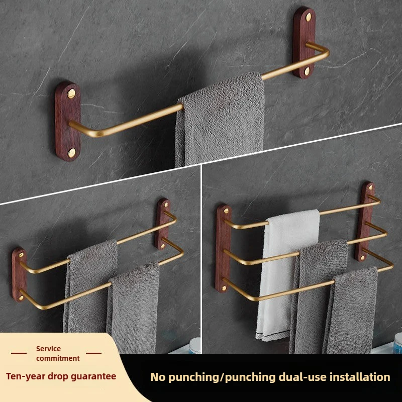 

50cm Black/Gold Walnut bathroom towel rack towel bar, non-perforated bathroom storage rack towel holder Luxury Double bar