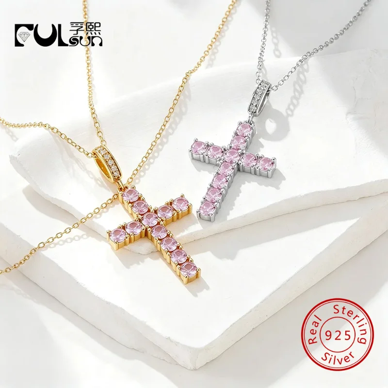 925 Sterling Silver Micro Pave Pink Round Zircon Cross Pendant Cable Chain Necklace Women Faith Religious Dainty Jewelry Gift
