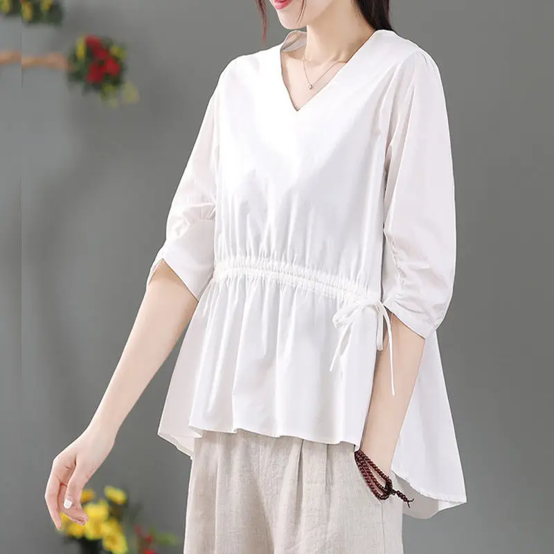 

Fashion V-Neck Shirring Bandage Asymmetrical Loose Shirt Casual Pullovers Oversized Commute Women's Clothing Irregular Blouse