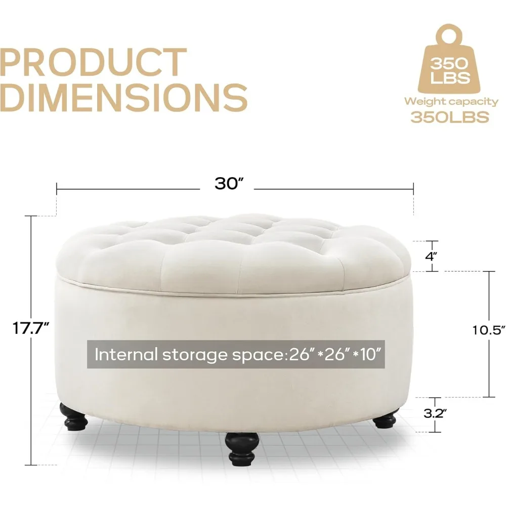 30-Inch Round Storage Ottoman, Modern Button Tufted Coffee Table with Removable Top, Upholstered Ottoman with Storage Foot