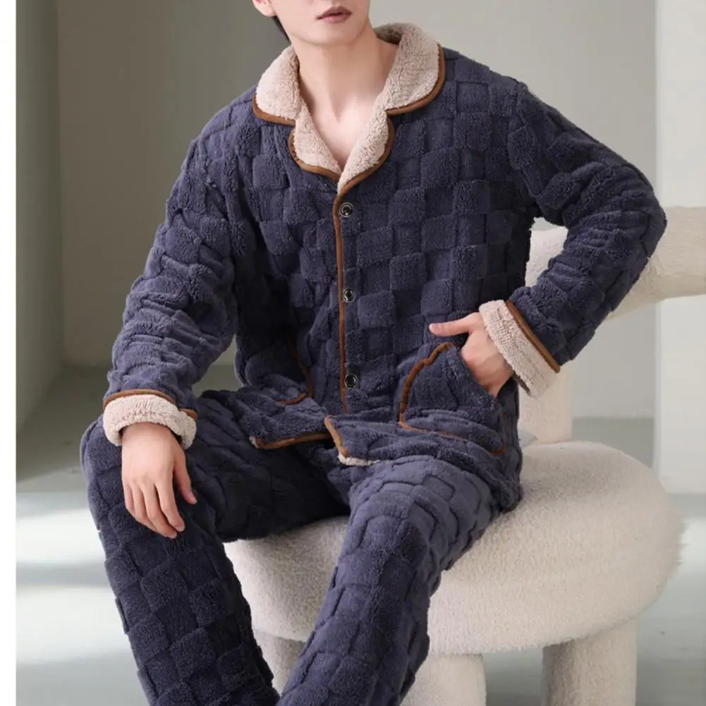 2 Pcs/Set Men Winter Loungewear Thick Plush Warm Coat Elastic Waist Pockets Coral Fleece Pants Set Pajamas Homewear Clothes