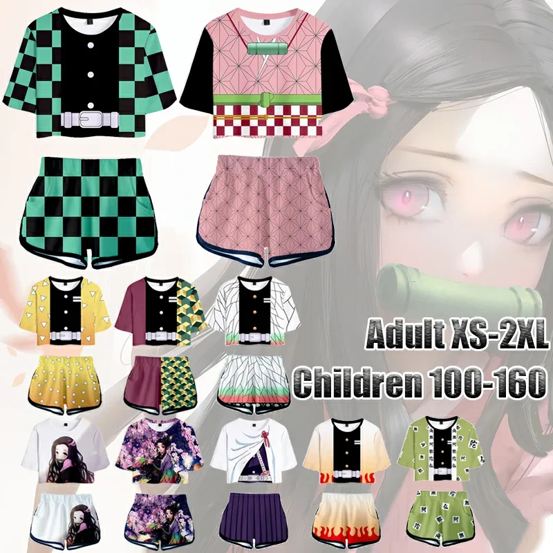 Children/Women Suit 3D Printing Demon Slayer Cosplay Summer Women's Sexy Crop Top T-shirt Shorts 2 Pieces Sets