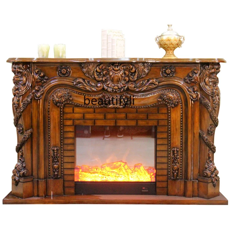 

A European-StyleSolid Wood Fireplace Living Room Carved Simulation Flame Electronic Visual Decoration Heating Stove Core Firepla