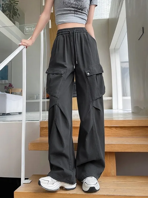 Pantaloni Americani a Vita Alta e Gamba Larga da Donna, Novità Autunno Inverno, Pantaloni Casual a Taglio Dritto con Grandi Tasche