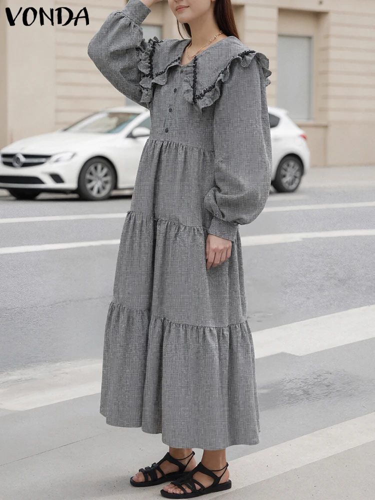 2023 VONDA Frauen Herbst Plaid Kleid Peter Pan Kragen Rüschen Maxi Lange Vestidos Mode Tasten Kausalen Lose Party Plissee Robe