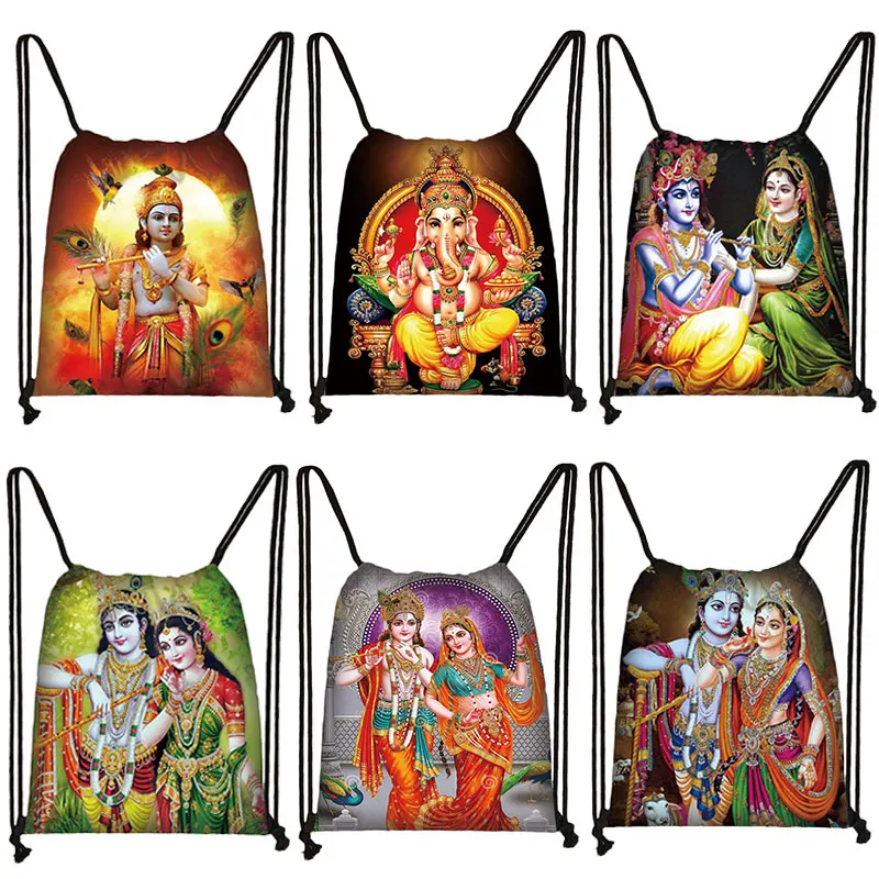 Indian Gods Vishnu Brahma and Shiva Print Backpack Women Drawstring Bags Radha Krishna Storage Bag For Teenager Bookbags Gift