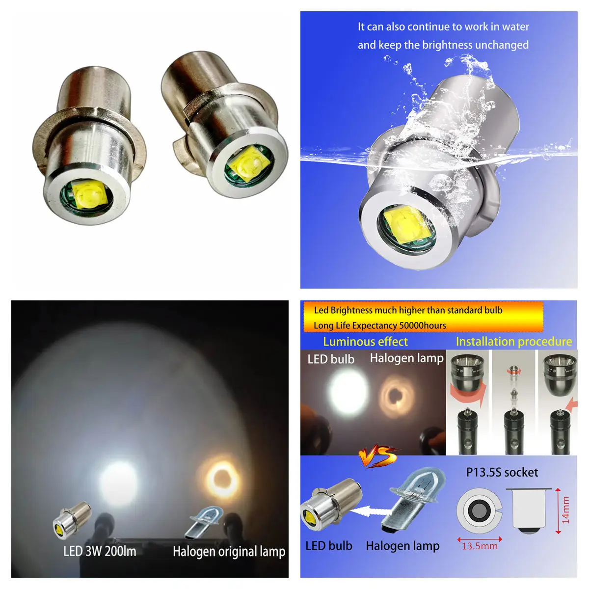 P13.5S Pr2 bohlam LED 3W Upgrade, bola lampu senter LED Maglite Kit konversi LED bola lampu LED 2-16 C & D sel Maglite