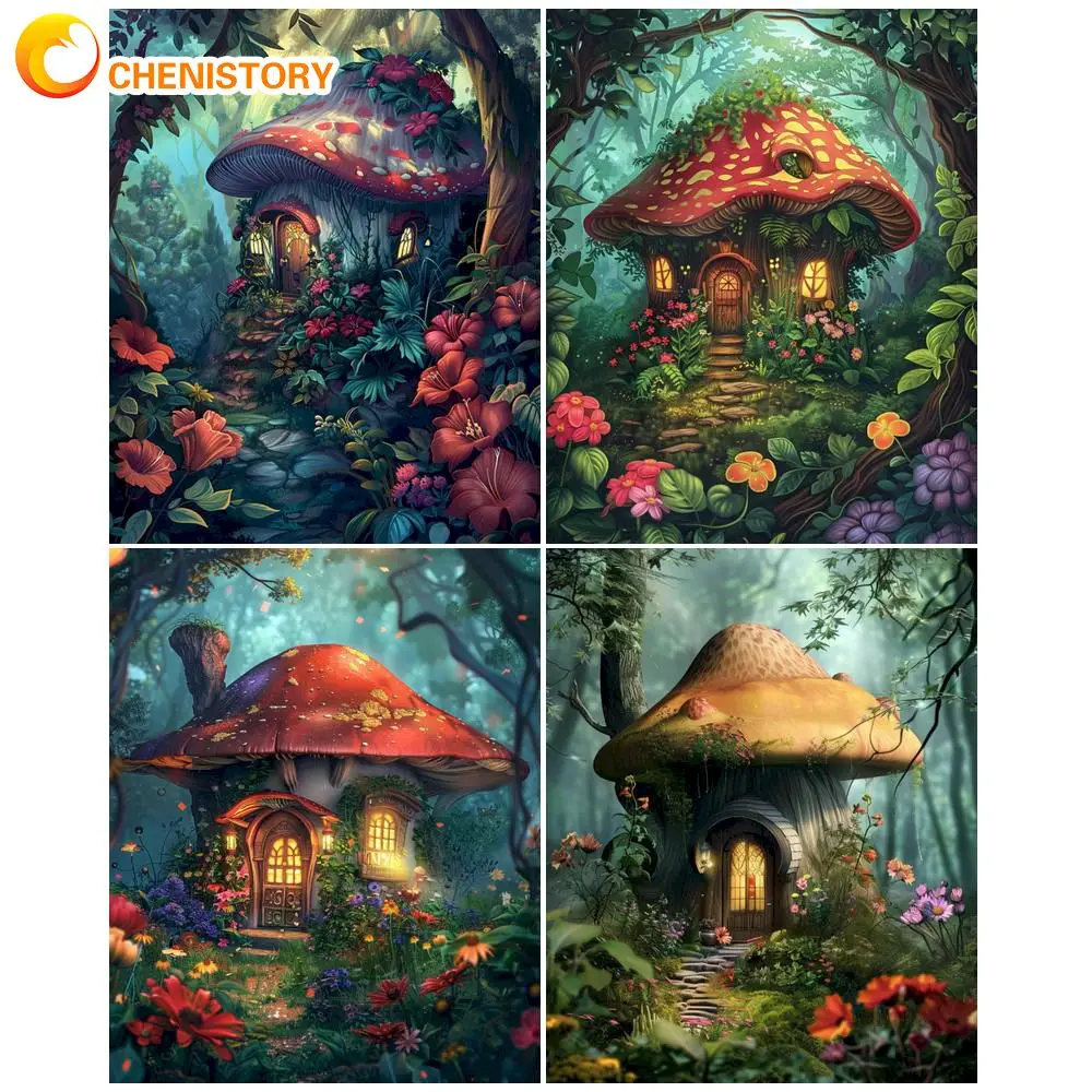 

CHENISTORY Complete Kit Paintings By Numbers Mushroom House Oil Painting By Numbers For Home Decor Diy Handwork Gift 60x75cm