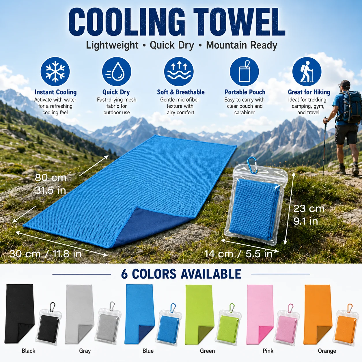 Portable Instant Cooling Towel 30x80cm Quick Dry Soft Breathable Chilly Towel with Storage Bag for Running Fitness Camping Beach