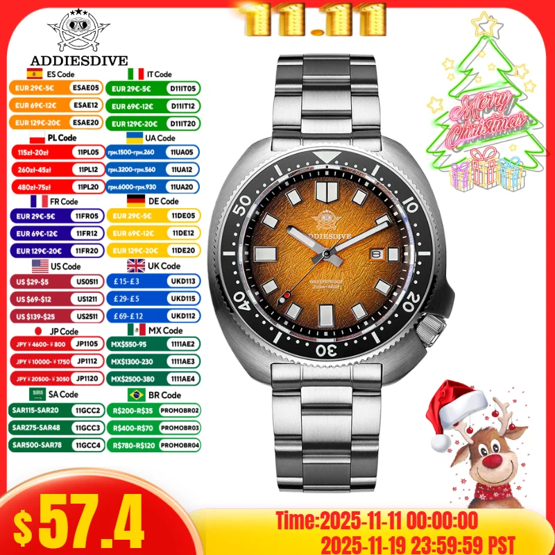 

ADDIESDIVE Watch For Man AD2511 Sapphire Glass Window Display BGW9 Luminous 200M waterproof 316L Stainless Steel Quartz Watches