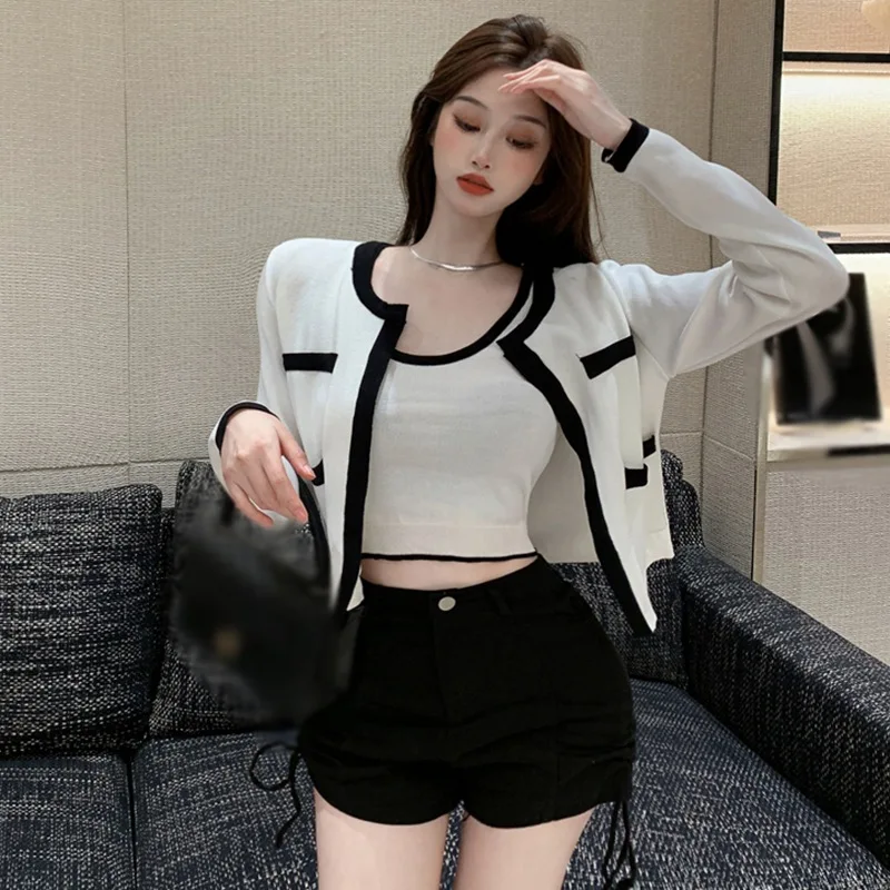 Women Long Sleeve Cardigans Patchwork Sexy Sweet All-match Party Cozy New Ulzzang Outfits Mujer Ins (Vest not included)