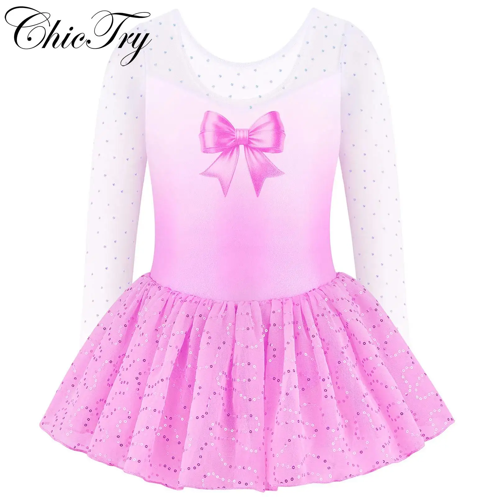 

Kid Girls Ballet Leotard Dress Sequins Bow Bodysuit with Tutu Skirt Gymnastic Workout Dancewear Training Figure Skating Jumpsuit