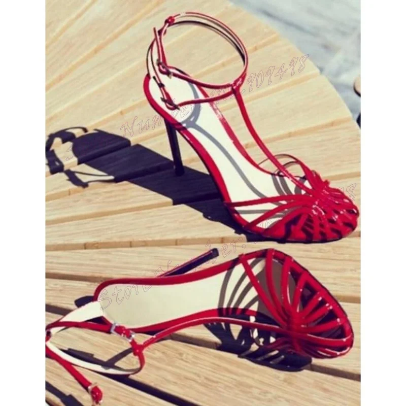 Red Round Toe Ankle Strap Sandals Hollow Out Shoes for Women Stilettos High Heels Sexy Party Shoes 2024 Zapatos Para Mujere