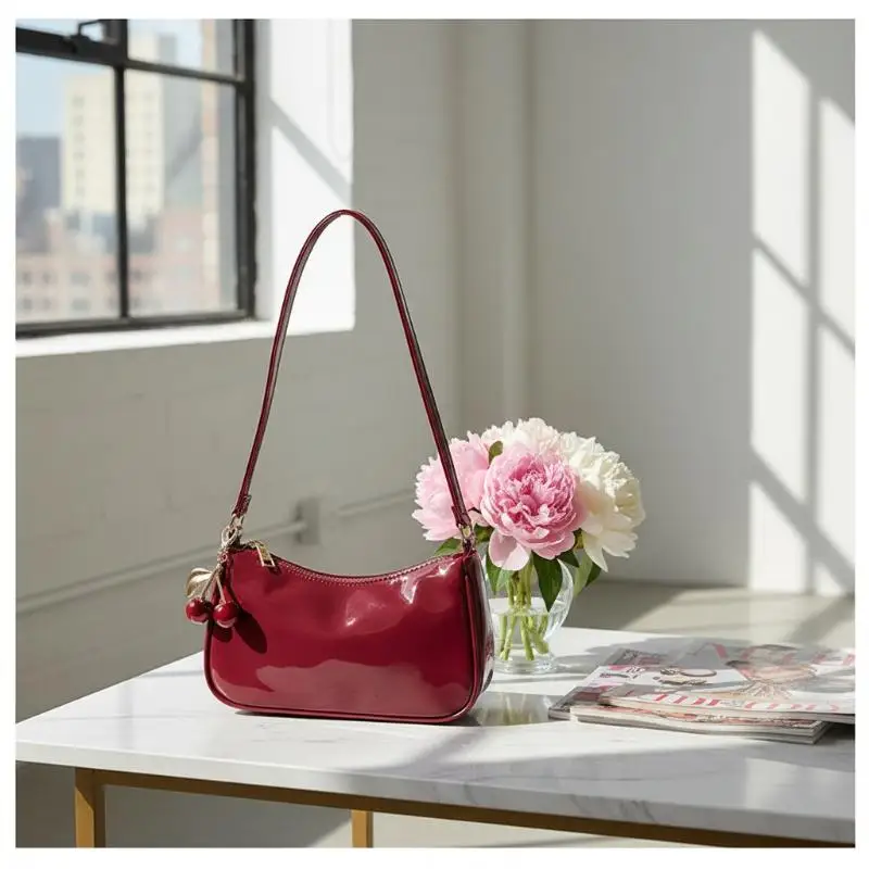 

Women's PU Leather Handbag Versatile Fashion Solid Color Cherry Pendant Shoulder Bag Casual Commuting Bag Girl Underarm Bag