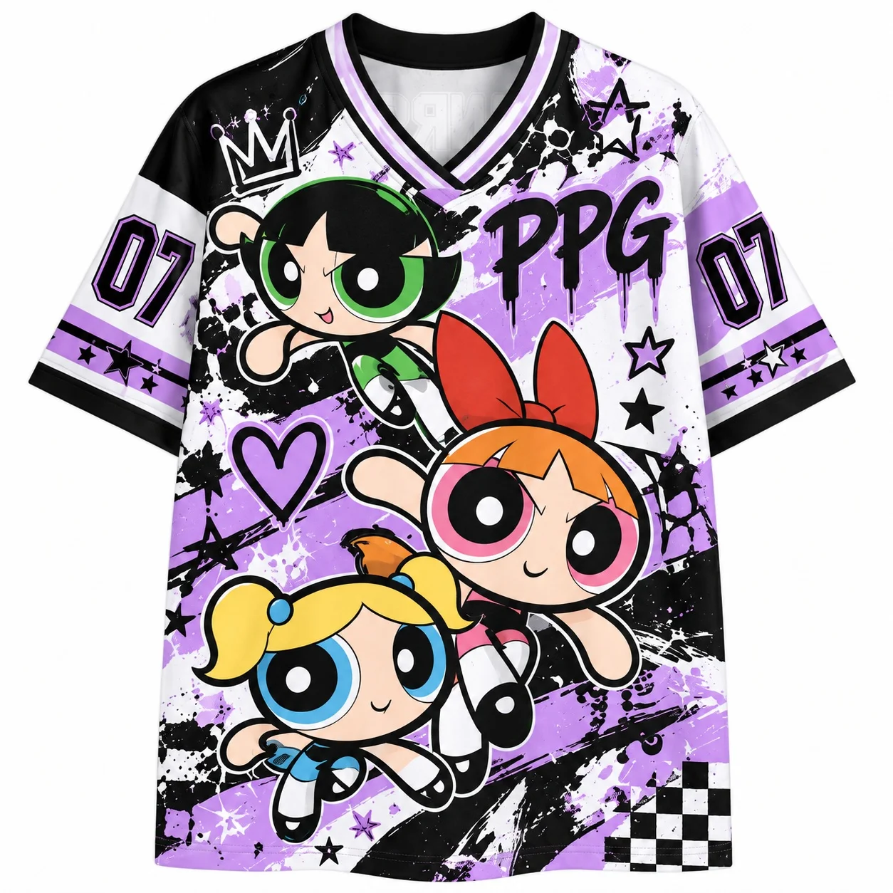 Powerpuff Girls Grafik-Trikot-Shirt für Erwachsene, Unisex, V-Ausschnitt, Cartoon-Streetwear, Y2K-Sportstil, lässiges Oberteil – Detail 5