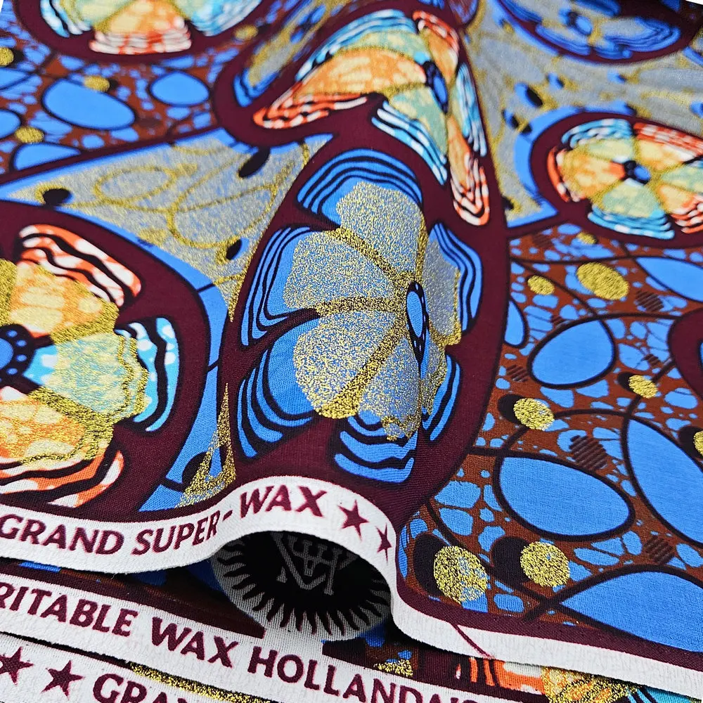 African cotton wax prints fabric, grand super Hollandais wax fabric, golden wax glitter, 6 yards per piece view 3