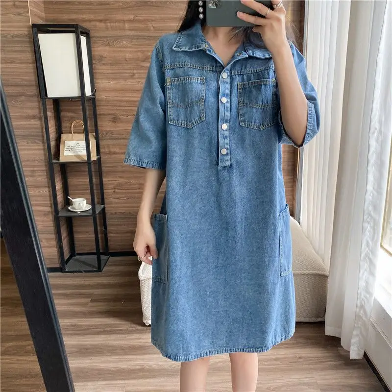 Large size chubby MM French polo denim dress women's summer slightly chubby shirt looks slim Hong Kong style retro chic dress