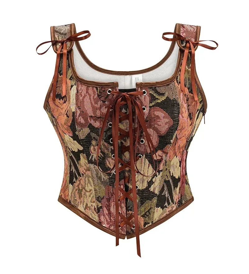 Vintage Gothic Women Corsets Lace-Up Zip Floral Prints Corset Tank Top Sexy Waist Trainer Body Shaper Shapewear Slimming Vest
