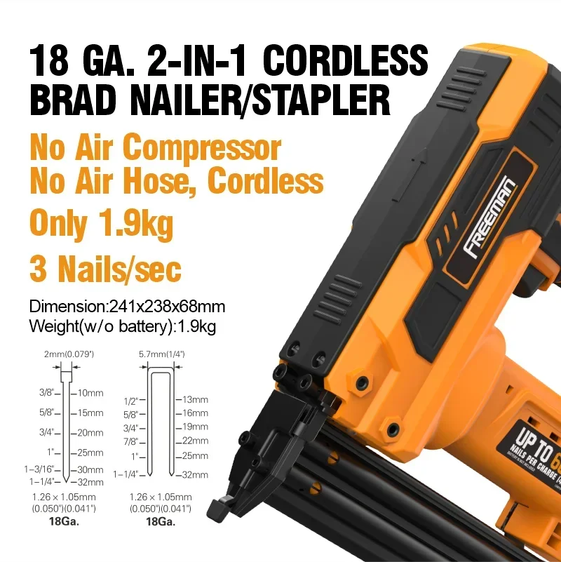 Freeman LDF329032 2 In 1 18 Gauge 32MM 20V Electric Battery Cordless Nail Gun F30 F32 Brad Nailer and 90 Series Stapler