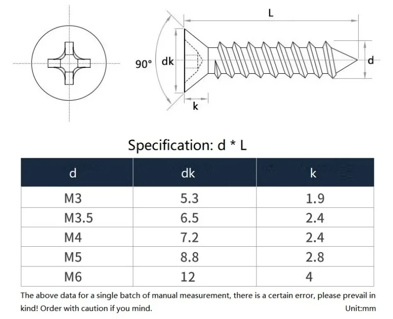 Yb846 M3~m6 304 Stianless Steel 500h Passivation Salt Spray Recessed Countersunk Flat Wood Self-tapping Screws