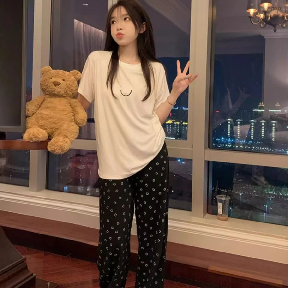 Ins Korean Version of the Girls Printed Short-Sleeved Pajamas Homewear Set Female Spring and Summer Casual Trousers Homewear Set