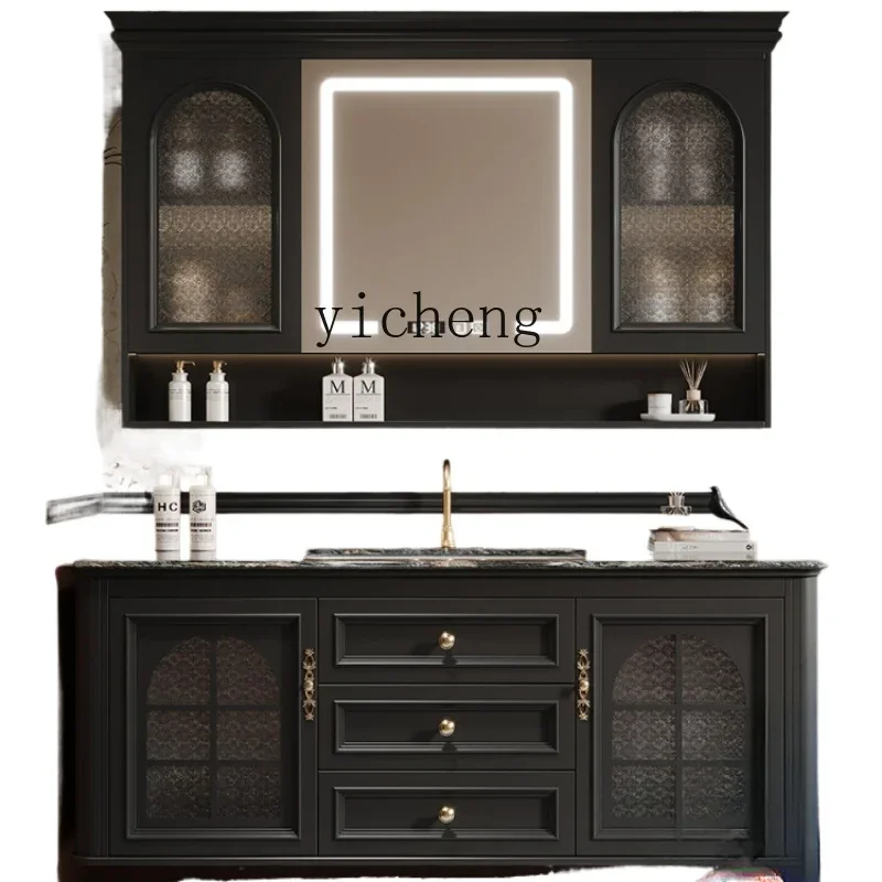 

retro luxury stone ceramic under the counter basin rubber wood bathroom cabinet combination washbasin