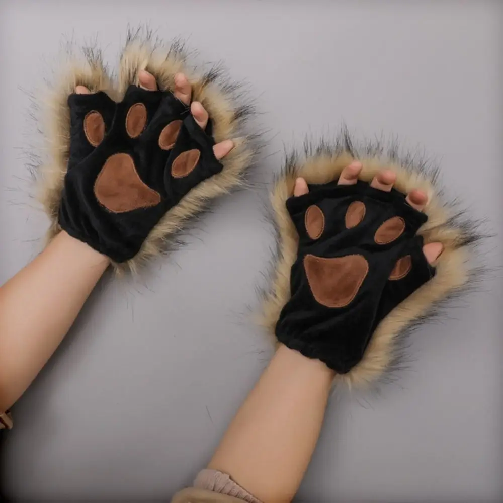 Guantes sin dedos de patas de lobo esponjoso, mitones de garras de zorros de pata de gatito peludo, disfraz de Cosplay gótico de Lolita, accesorio