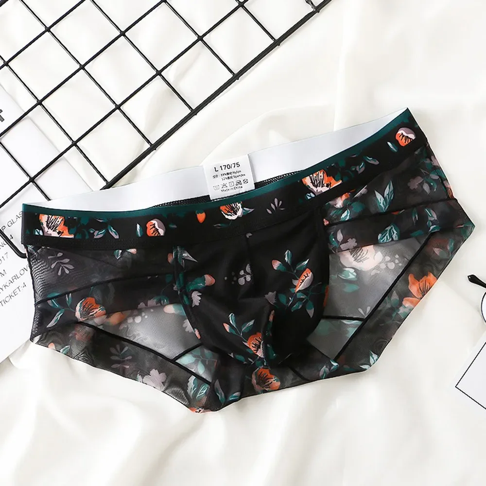 

Underpants Underwear Pouch Thong Sheer Floral Men's Brief Ultra thin Low waist Bulge Pouch Underwear (Size M~XL)