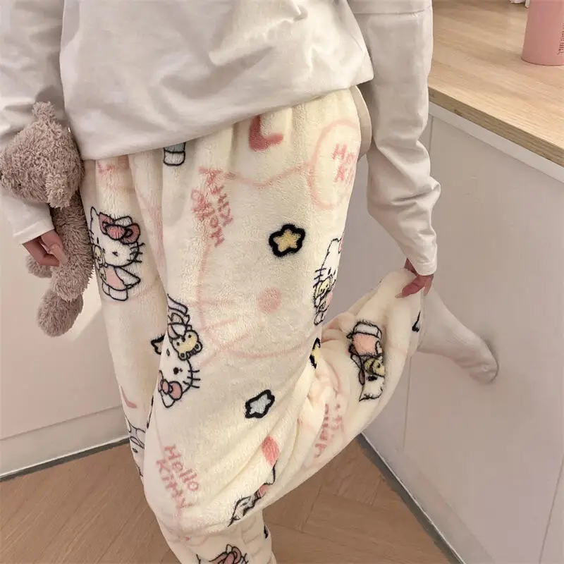 

Y2K Hello Kitty Sanrioed женские плюшевые пижамные штаны аниме Kawaii хлопковые брюки зимние сохраняющие тепло утепленные домашние штаны милые хип-хоп