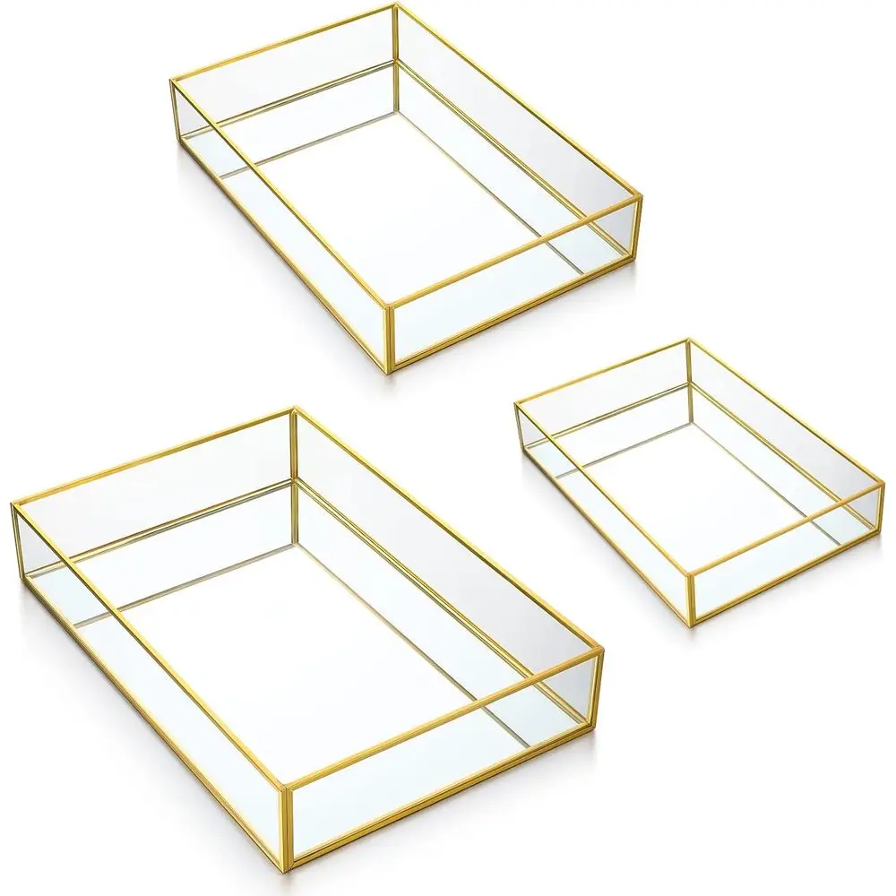 

3 Pieirror Glass Vanity Tray Gold Ornate Makeup Tray Metal Vintage Octagonal Perume Drer Trays or Drer Bedroom Bathroom Hotel