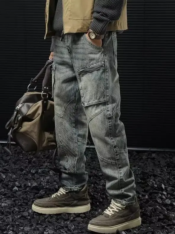 

Ретро-джинсы в американском стиле с молниями и вставками, мужские повседневные винтажные модные брендовые брюки для отдыха, длинные джинсовые брюки для молодежи