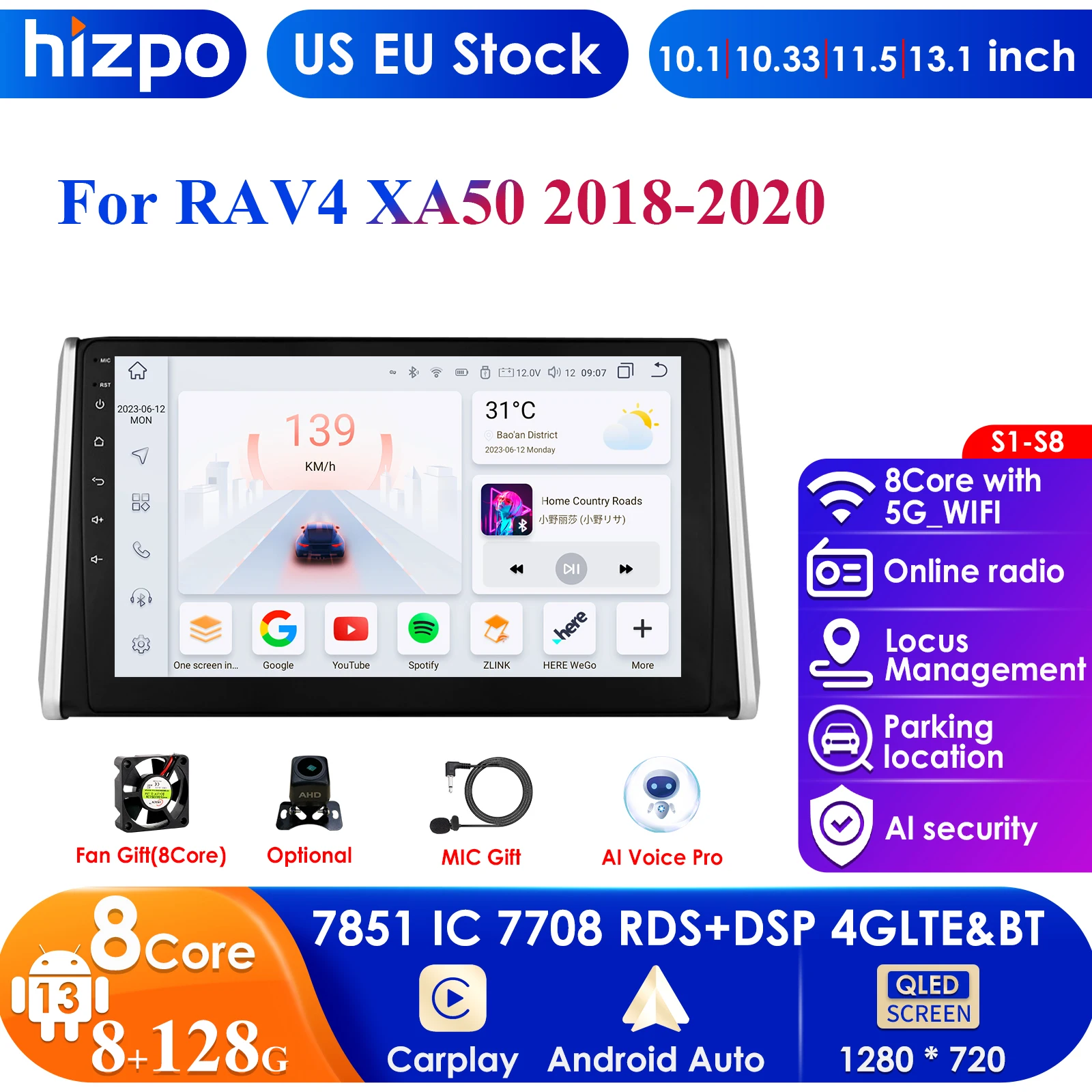 Hizpo 4G 10.1'' 10.33'' AI Intelligent Systems CarPlay Android Auto Radio for Toyota RAV4 2018 2019 2020 Car Multimedia GPS 2din