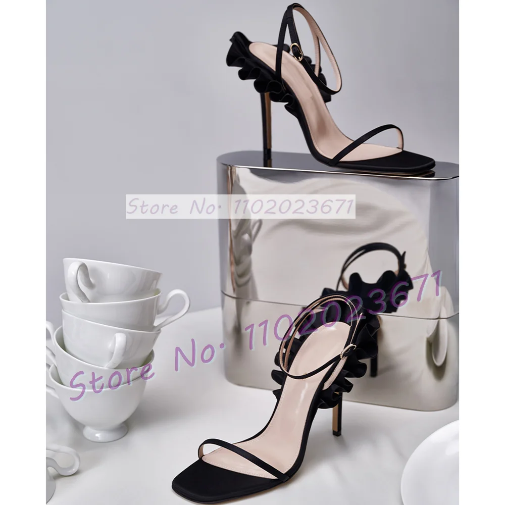 Pleated Ruffles High Heels Satin Sandals Women Stylish Open Squared Toe Shoe Ladies Nifty Slender Toe Strap Summer Dress Sandals