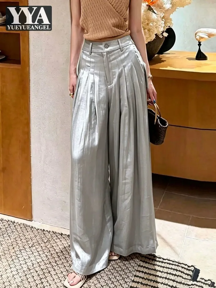 Summer Ladies Elegant Straight Pants Solid Color Fashion Design Wide Leg Pants High Waist Loose Fit Office Women Casual Trousers