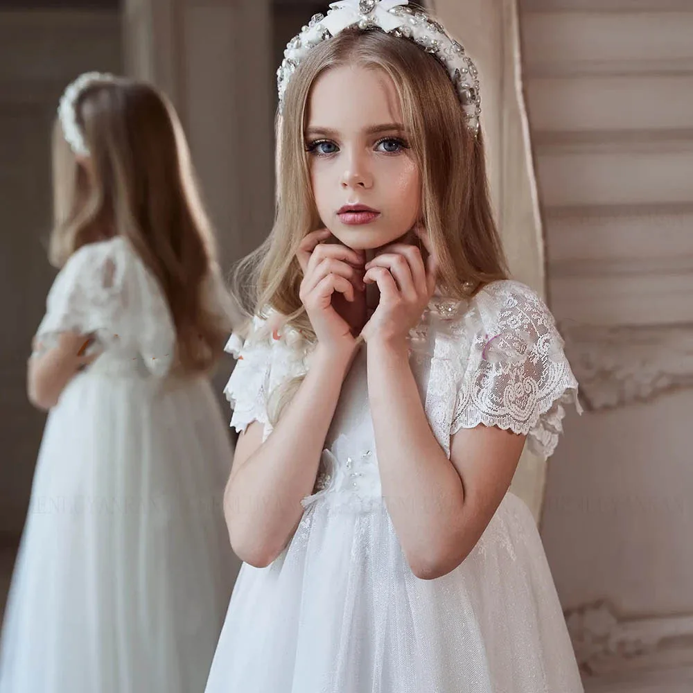 White Flower Girl Dress 2024 Lace Applique Tulle Kids Wedding Party A-Line Princess Junior Bridesmaid First Communion Gowns