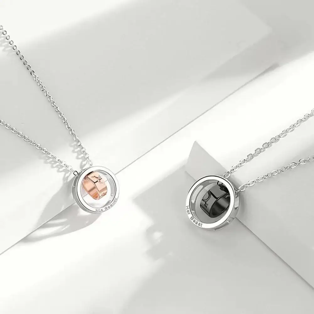 Exquisite Necklace Ring Charm Couple Necklace Dual Rings Pendant Jewelry His Beauty Her Beast Alloy Necklace for Valentine's Day