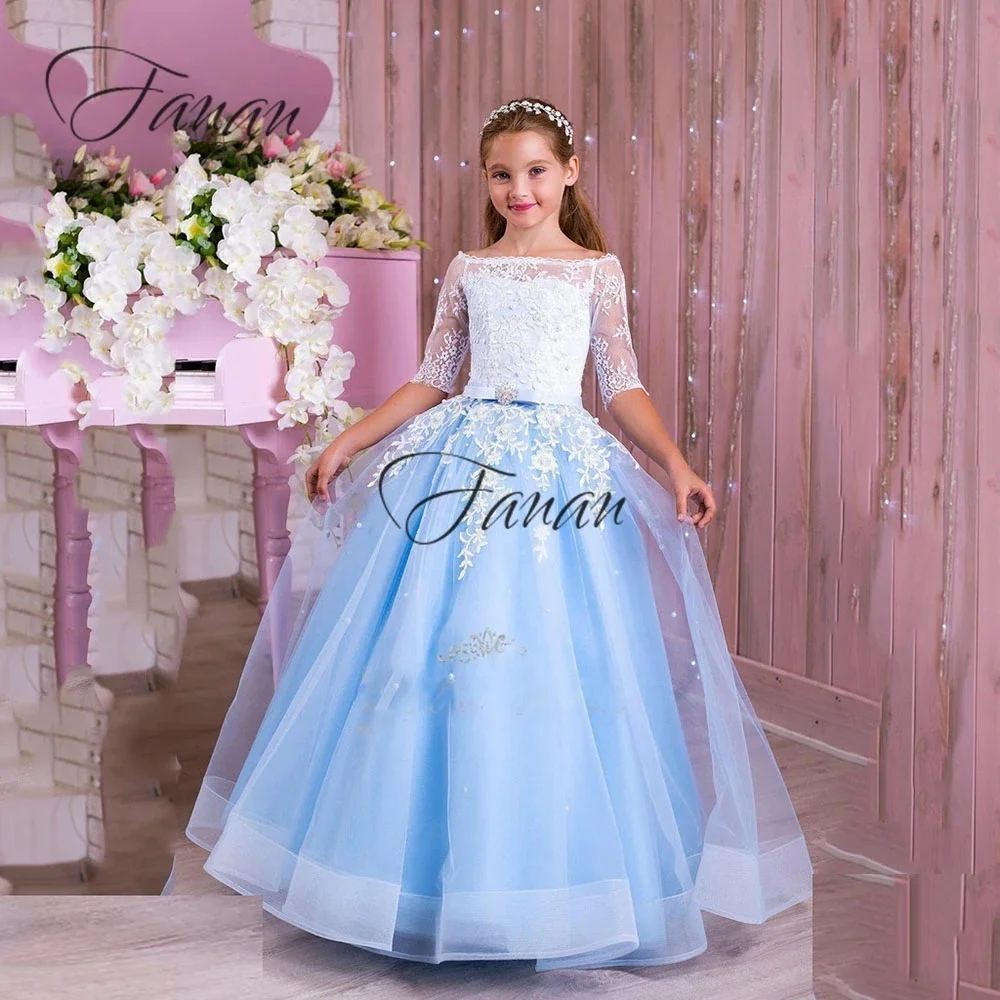 Personalizado requintado barco pescoço vestidos da menina de flor até o chão apliques primeira comunhão rosa verde manga curta aniversário do bebê