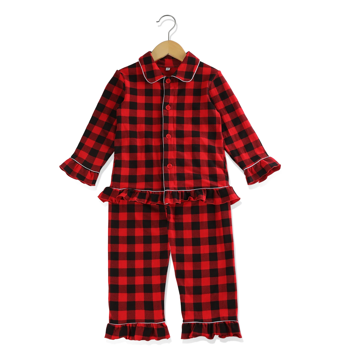 Mudbala Christmas Red Cotton Buffalo Plaid Pajamas Two Piece Pants set Sibling Ruffle Fashion Sleepwear