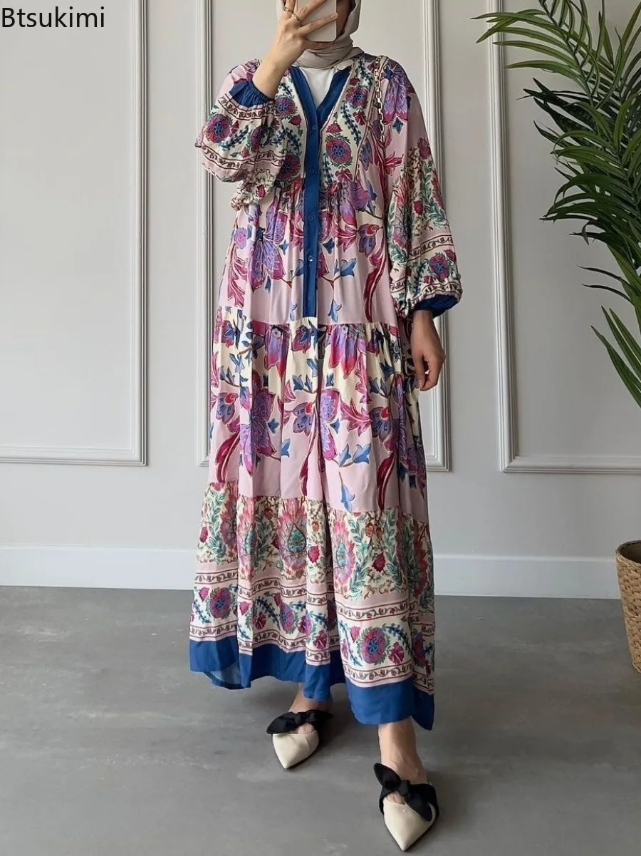 Eid Muslim Women\'s Maxi Dress Abaya Fashion Vintage Printed V-neck Party Dresses Dubai Kaftan Arab Robe Islamic Vestidos Females