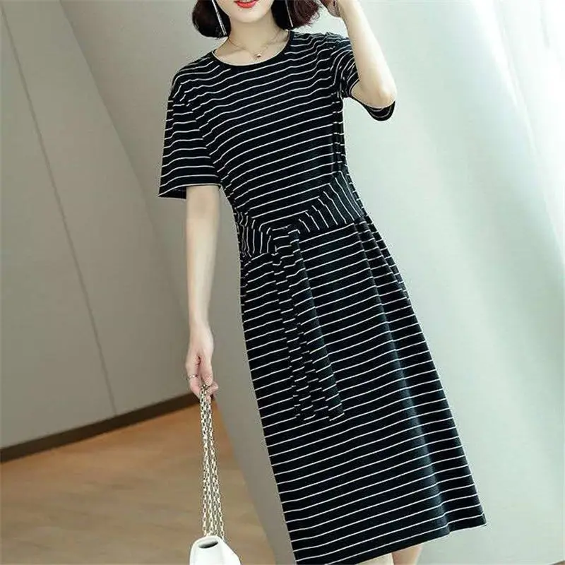 Vintage Striped Bandage T Shirt Dress Summer New Short Sleeve O-Neck Loose All-match Midi Dress Casual Fashion Women Clothing