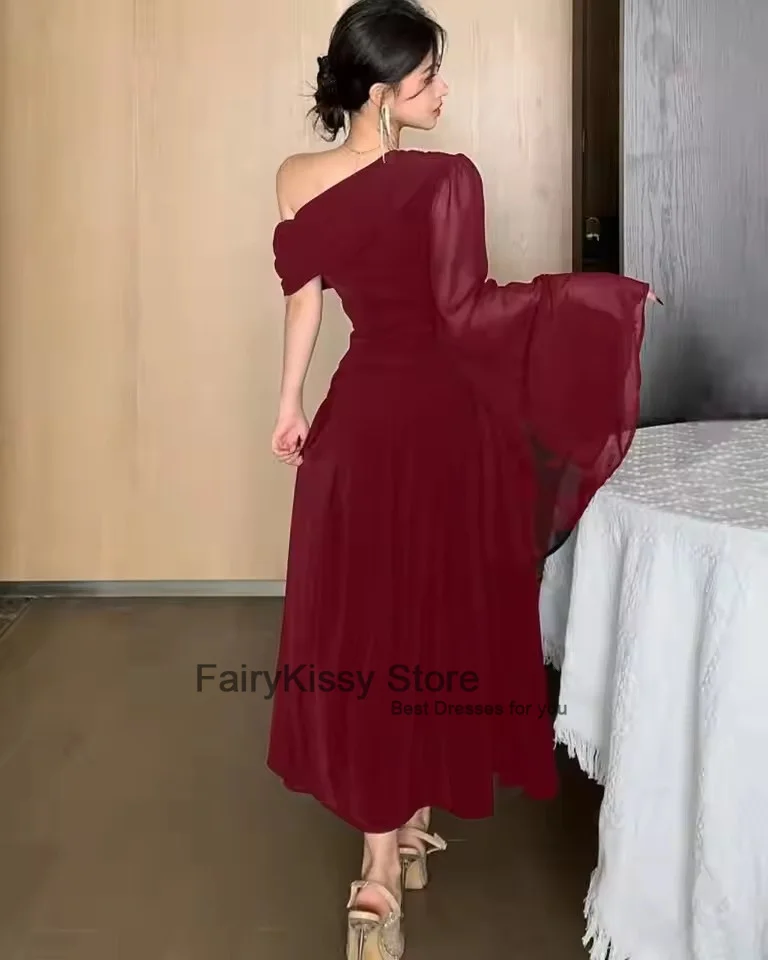 FairyKissy Vestidos de noche de manga larga Vestidos de fiesta de un hombro Vestidos de fiesta hasta el tobillo de gasa plisada para mujer