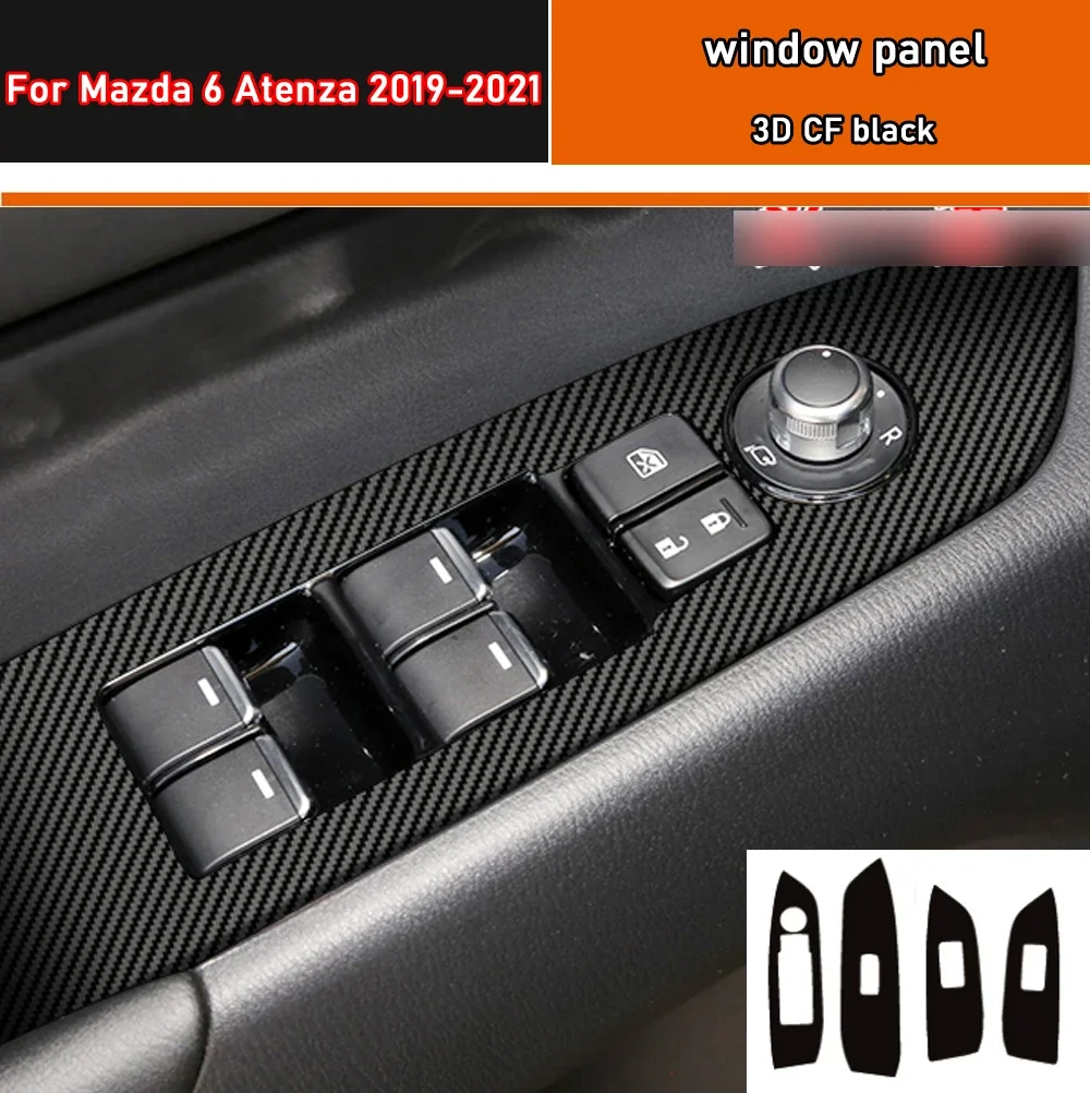 Car Styling Black Carbon Decal Car Window Lift Button Switch Panel Cover Trim Sticker 4 Pcs/Set For Mazda 6 Atenza 2019-2021