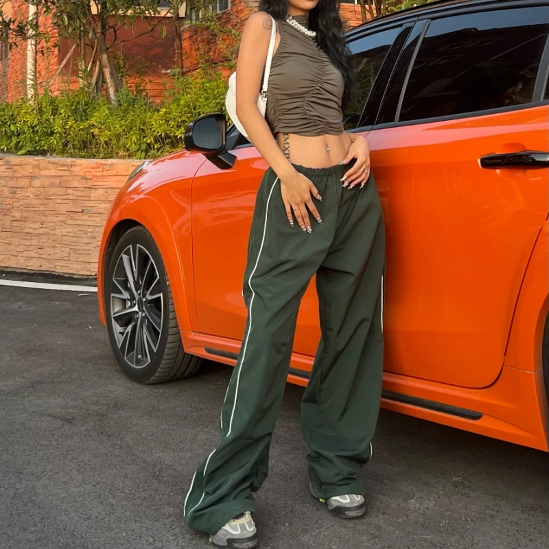 [YOZOU] Drawstring Black Gorpcore Striped Oversized Baggy Cargo Parachute Pants Jogger Wide Leg Trousers Women Slacks