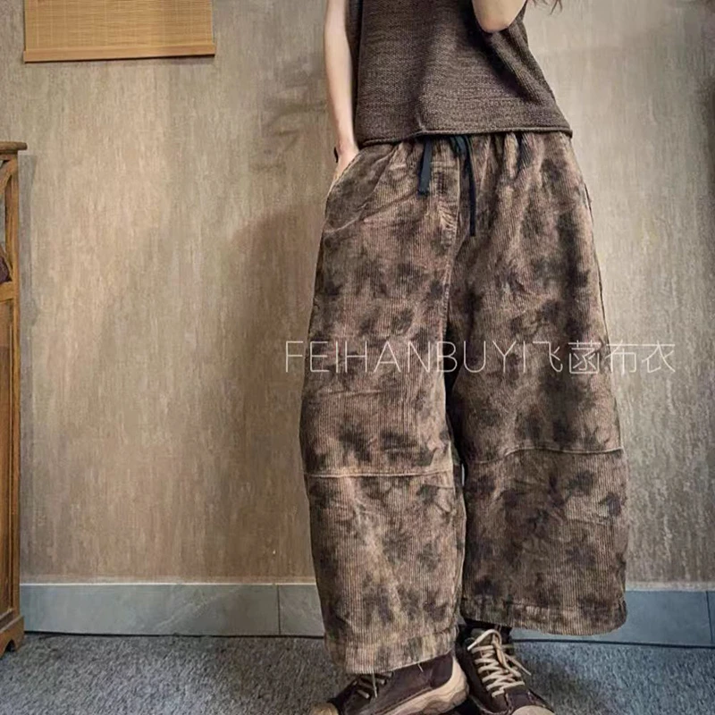 

New Arrival Autumn Arts Style Women Elastic Waist Loose Casual Ankle-length Pants Vintage Print Cotton Corduroy Wide Leg Pants