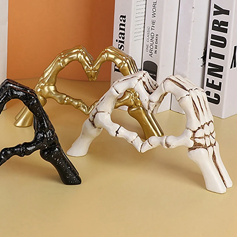 

Halloween Resin Skeleton Hand Bone Statue Heart Shaped Figurine Gesture Art Sculpture For Home Office Desk Ornaments Gifts