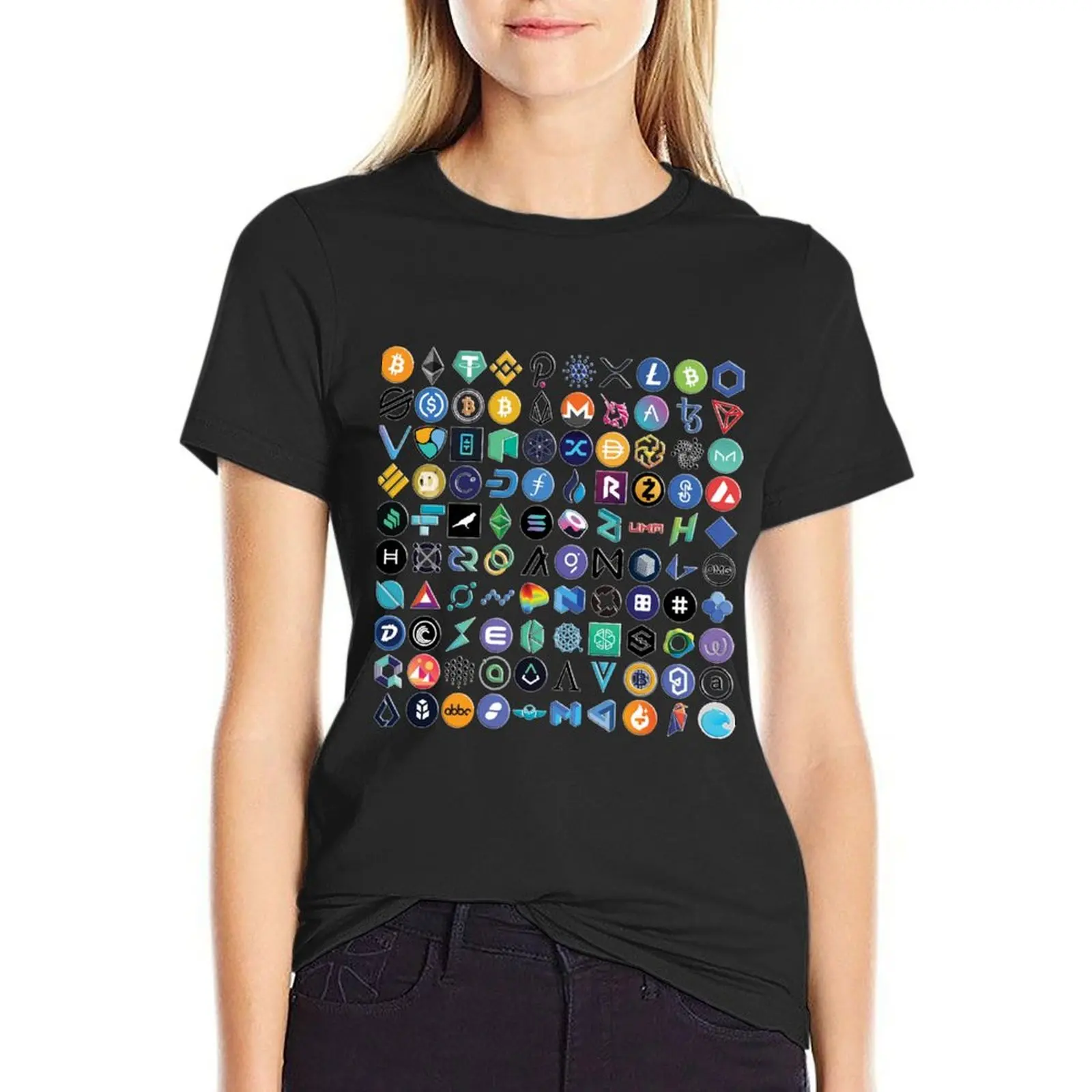 Crypto Logos 3D on Black T-Shirt customs funnys tees summer clothes graphic t-shirts for Women