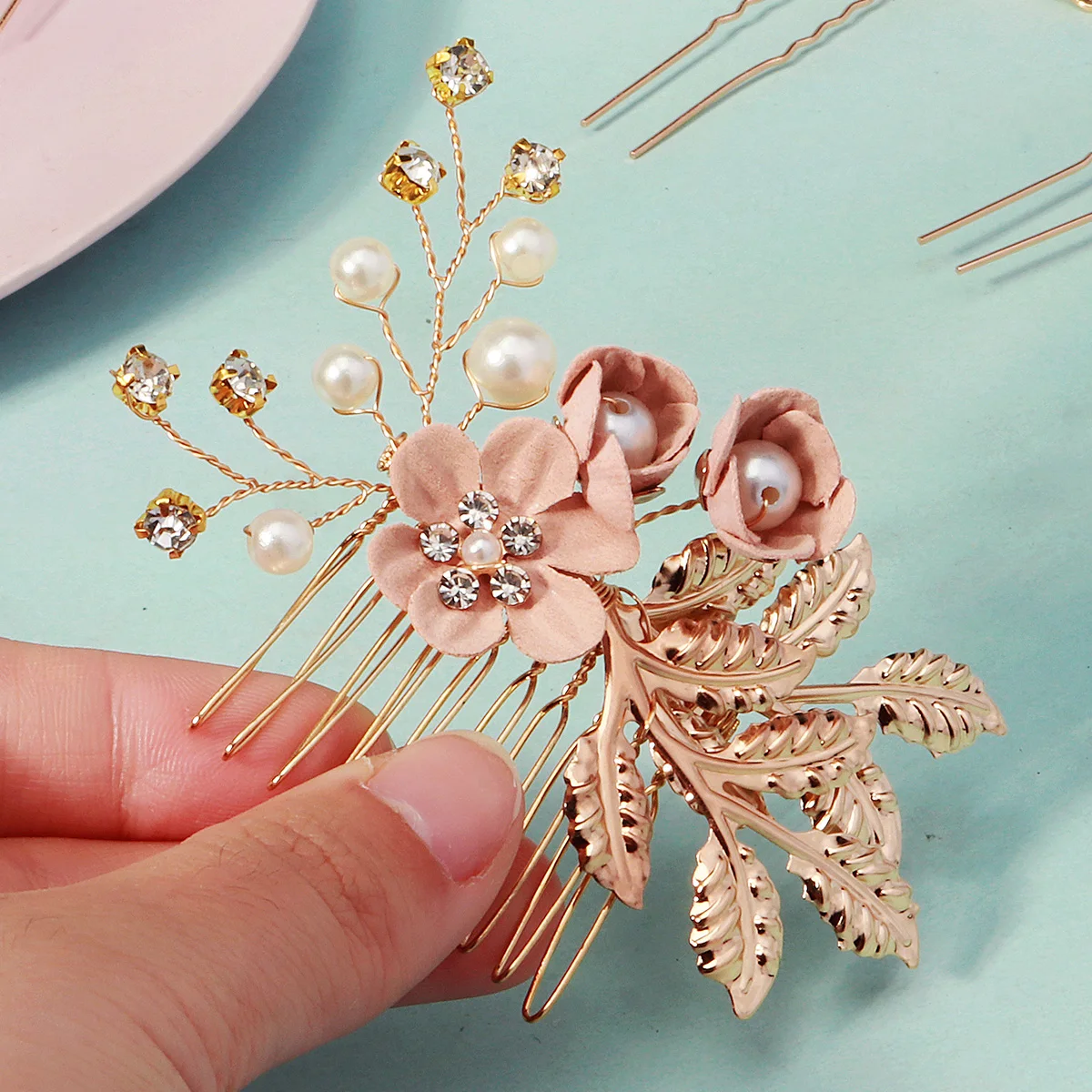Fashion Pink Hair Combs 5PK/Set Elegant Flower Bridal Hair Clips Delicate Pearl Beaded Hairpin For Women Wedding Hair Accessorie image 5