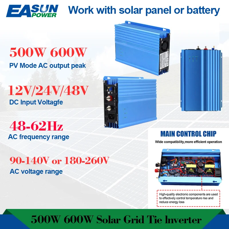 500W 600W DC 12V 24V 48V to AC 110V or 220V MPPT Solar Grid Connected Inverter Adjustable Battery Discharge Power