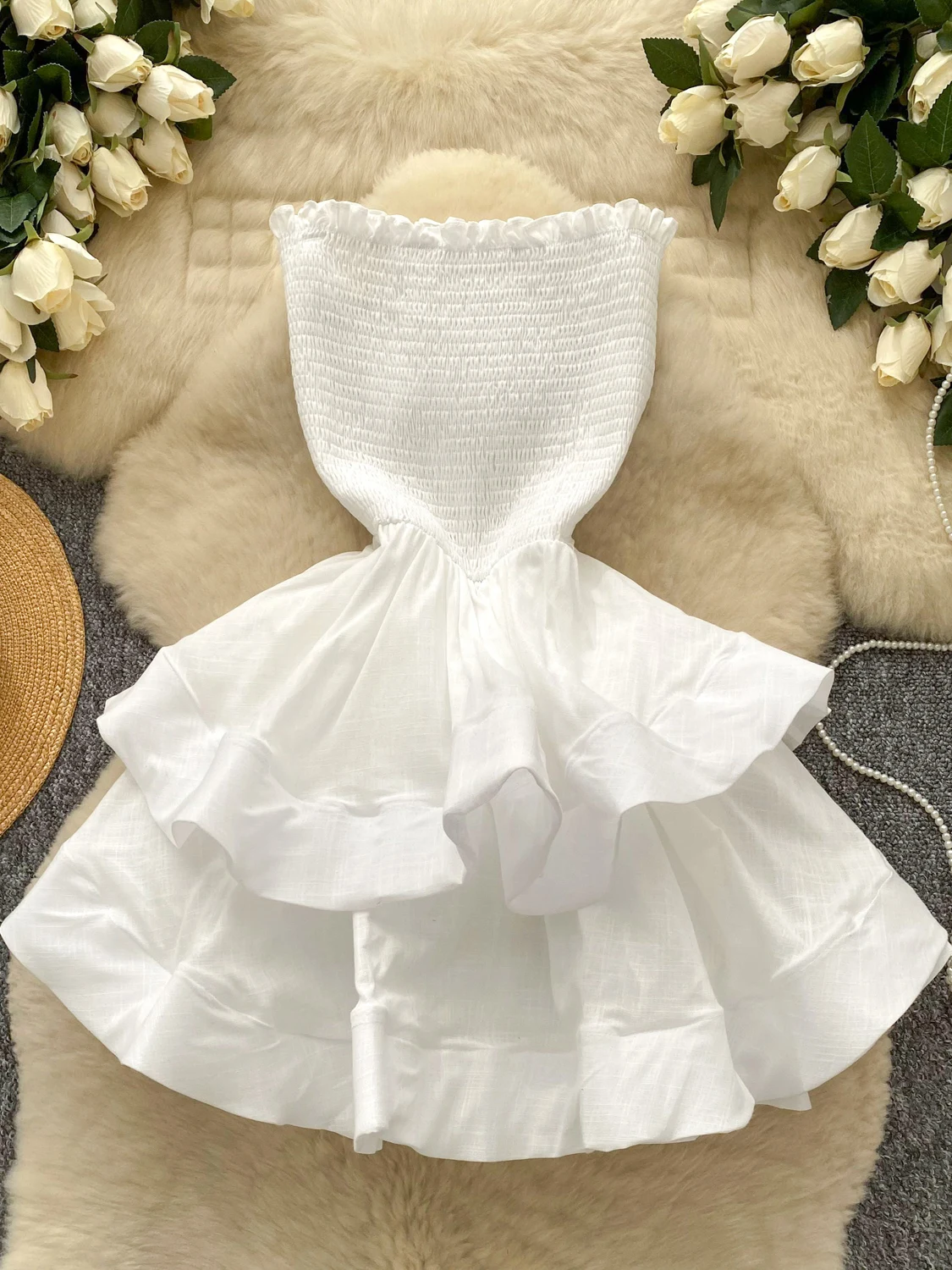 

Spicy Girl Sleeveless Strapless Summer Dress 2025 New French Waist Cinching Elegant Ruffled A-line Dresses